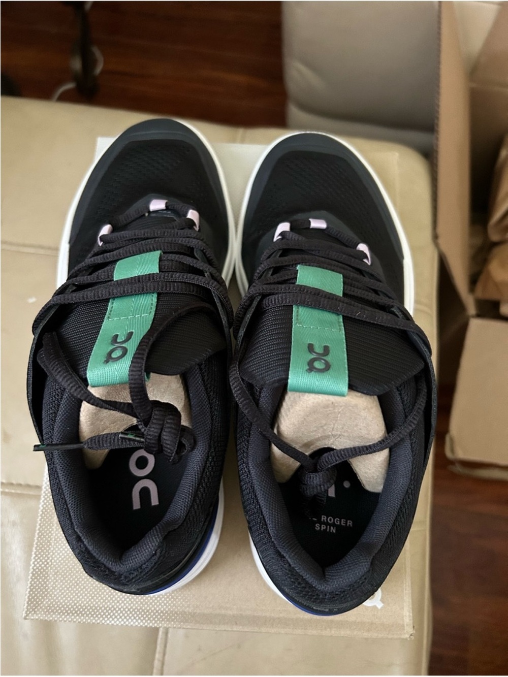 On Running The Roger Spin Black Athletic Shoes with Green, Yellow, Blue, Accents